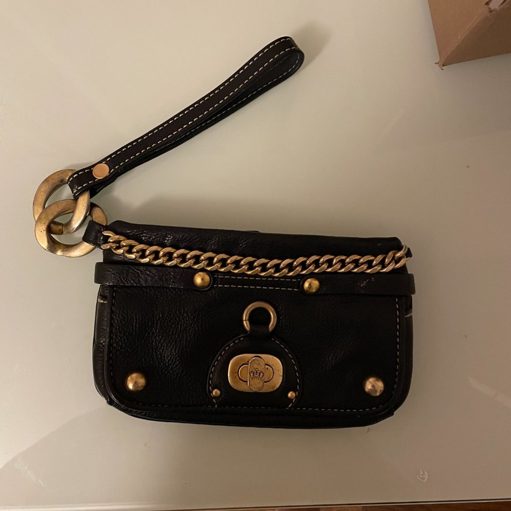 Black Leather clutch wallet Wristlet Juicy Couture gold chain Wristlet Vintage